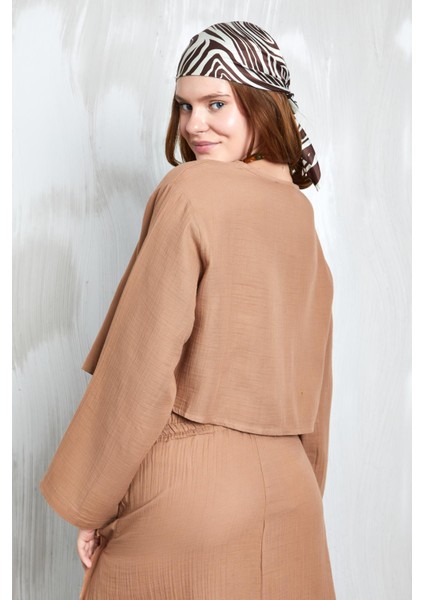 Camel Müslin Kumaş Önden Bağlamalı Bluz 27355