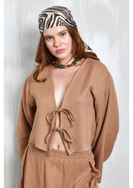 Camel Müslin Kumaş Önden Bağlamalı Bluz 27355