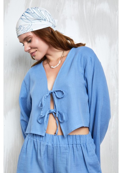 Indigo Müslin Kumaş Önden Bağlamalı Bluz 27355 modelleri