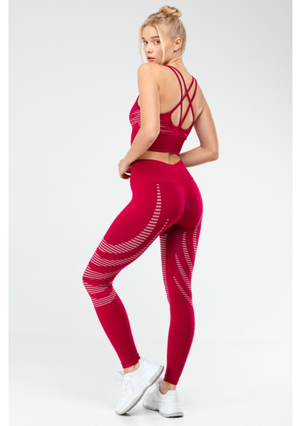 Bordo Slim Fit Yüksek Bel Toparlayıcı Crop Kadın Tayt Takım SSB0011