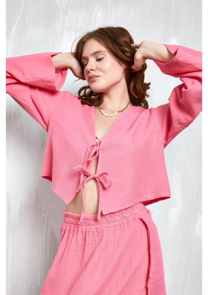 Pembe Müslin Kumaş Önden Bağlamalı Bluz 27355 fiyatları