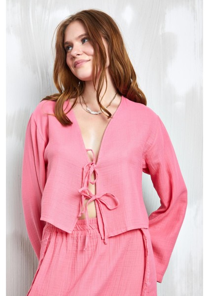 Pembe Müslin Kumaş Önden Bağlamalı Bluz 27355 modelleri