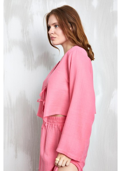 Pembe Müslin Kumaş Önden Bağlamalı Bluz 27355 fırsatları