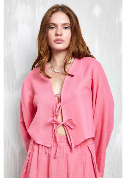 Pembe Müslin Kumaş Önden Bağlamalı Bluz 27355 indirimleri