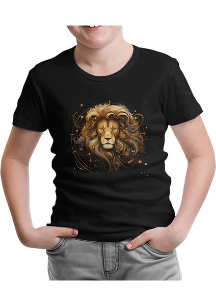 Burçlar - Aslan Siyah Çocuk Tshirt