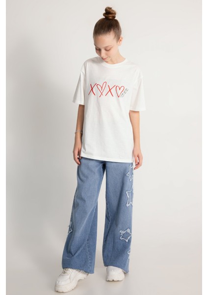 Yıldız Detaylı Yumuşak Dokulu Bol Paça Wide Leg Jean Kız Çocuk Kot Pantolon modelleri