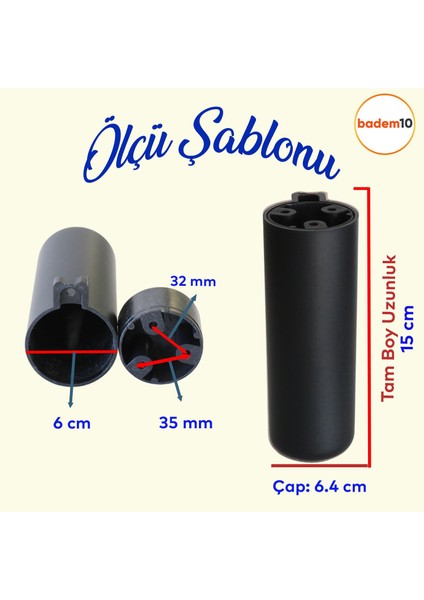 Kapsül Ayak Mobilya Yükseltici Sehpa Kanepe Tv Ünitesi Koltuk Ayağı Baza Ayakları Mat Siyah 15 cm