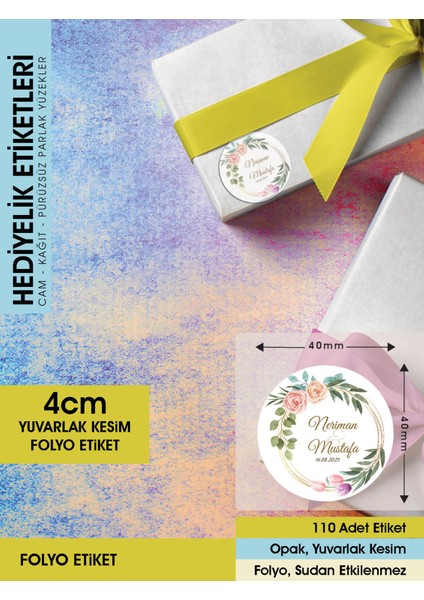 Suluboya Çiçek Modeli 3, Etiket Modeli Ürünlerinize Özel 4cm - 110 Adet Folyo Sticker