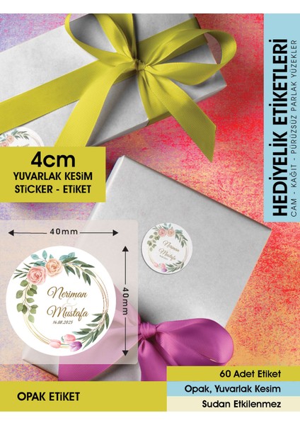 Suluboya Çiçek Modeli 3, Etiket Modeli Ürünlerinize Özel 4cm - 60 Adet Opak Sticker