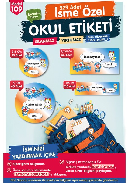 Okul Etiketi Doraemon Temalı Kalem Defter Etiketi 109