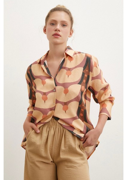 Desenli V Yaka Modal Gömlek Camel indirimleri