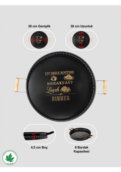Ahşap Kulplu Desenli Yuvarlak Metal Servis Tepsisi 37CM, Kahve Tepsisi, Sunum Tepsisi (My Daily Routinebaskılı)