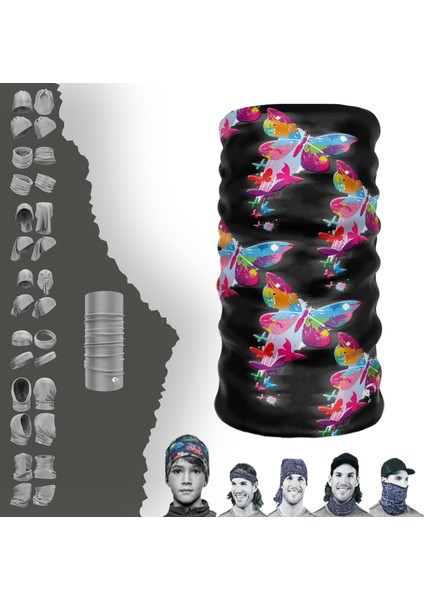 Renkli Kelebek Desenli Boyunluk Maske Baf Bandana