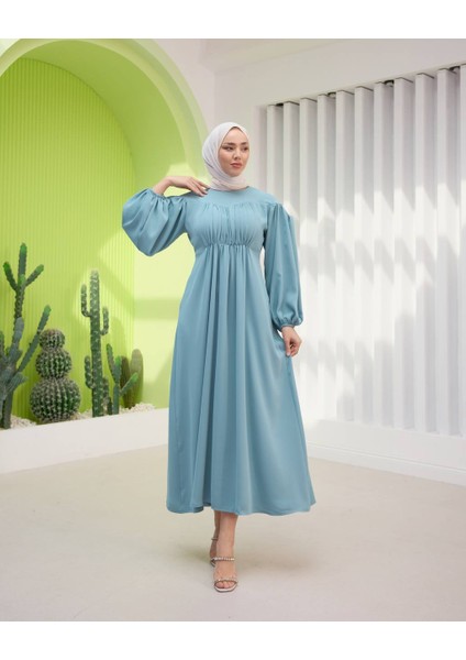 Yeni Sezon Bel Büzgülü Balon Kol Tesettür Elbise fiyatları