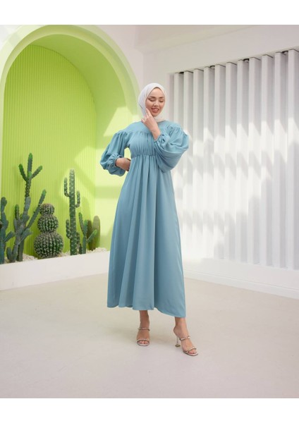 Yeni Sezon Bel Büzgülü Balon Kol Tesettür Elbise fırsatları