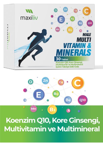 Male Multi Vitamin & Minerals - Koenzim Q10, Kore Ginsengi, Multivitamin ve Multimineral Tablet