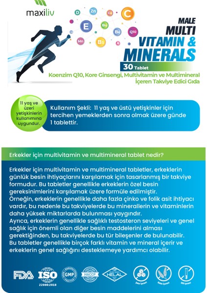 Male Multi Vitamin & Minerals - Koenzim Q10, Kore Ginsengi, Multivitamin ve Multimineral Tablet