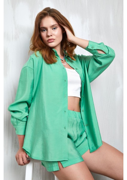 Yeşil Modal Kumaş Oversize Gömlek/şort Alt-Üst Takım 27376