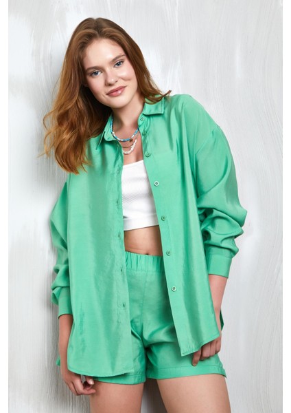 Yeşil Modal Kumaş Oversize Gömlek/şort Alt-Üst Takım 27376