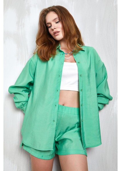 Yeşil Modal Kumaş Oversize Gömlek/şort Alt-Üst Takım 27376