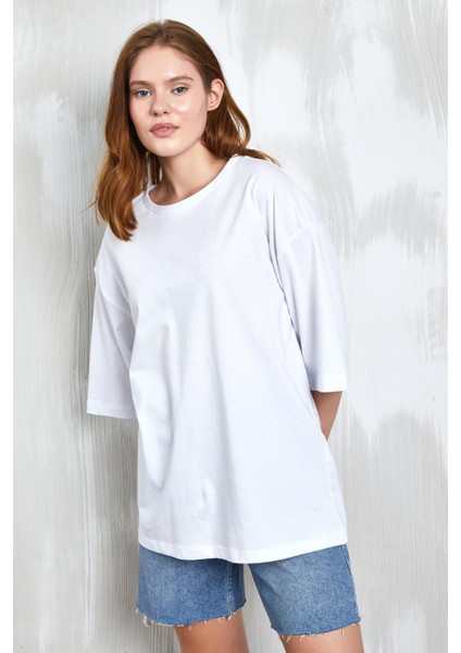 Beyaz Oversize Basic Penye T-Shirt 25358