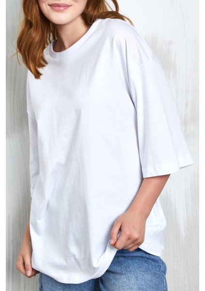 Beyaz Oversize Basic Penye T-Shirt 25358