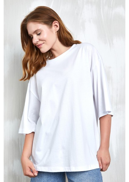 Beyaz Oversize Basic Penye T-Shirt 25358