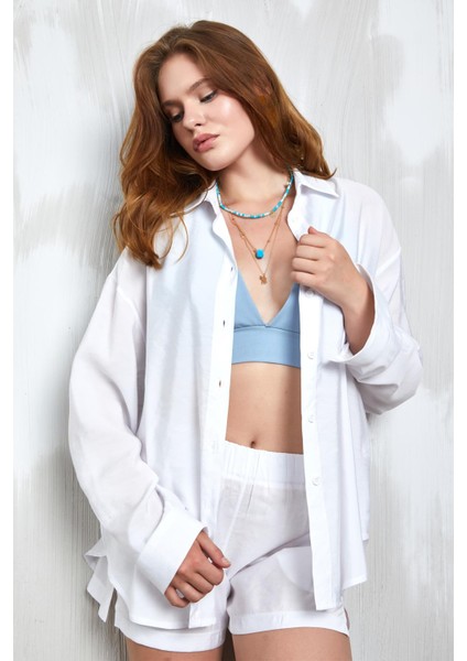 Beyaz Modal Kumaş Oversize Gömlek/şort Alt-Üst Takım 27376