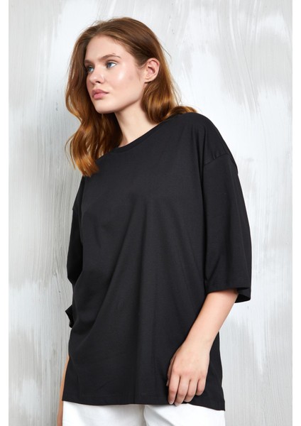 Siyah Oversize Basic Penye T-Shirt 25358 modelleri