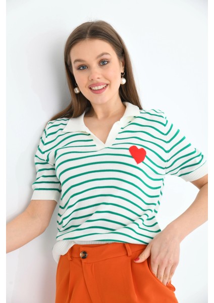 Kadın Çizgili Kalpli Mevsimlik Triko Kazak fiyatları