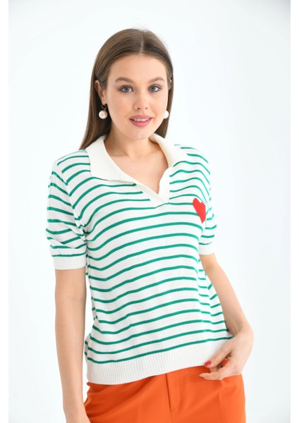Kadın Çizgili Kalpli Mevsimlik Triko Kazak modelleri