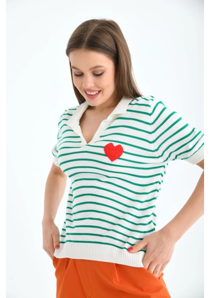 Kadın Çizgili Kalpli Mevsimlik Triko Kazak indirimleri