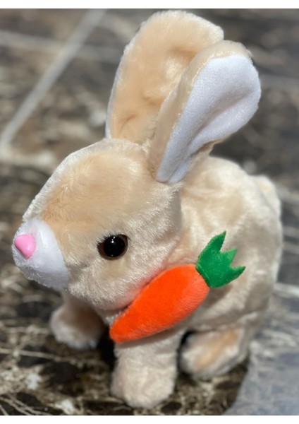 Pilli Sesli Zıplayan Hareketli Havuçlu Krem Rengi Peluş Tavşan 18X17 cm
