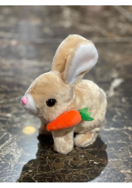 Pilli Sesli Zıplayan Hareketli Havuçlu Krem Rengi Peluş Tavşan 18X17 cm
