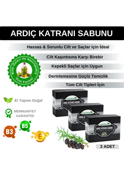 Doğal Ardıç Katranı Sabunu 140 gr x 3 Adet Tüm Cilt Tipleri Için Antiseptik ve Yenileyici Etkili