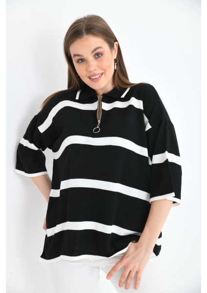 Polo Yaka Fermuarlı Çizgili Salaş Mevsimlik Trko Kazak