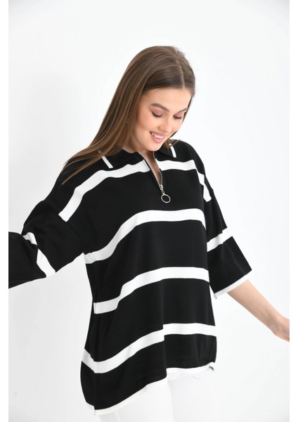 Polo Yaka Fermuarlı Çizgili Salaş Mevsimlik Trko Kazak fiyatları