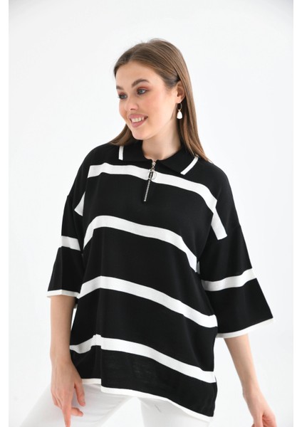 Polo Yaka Fermuarlı Çizgili Salaş Mevsimlik Trko Kazak modelleri