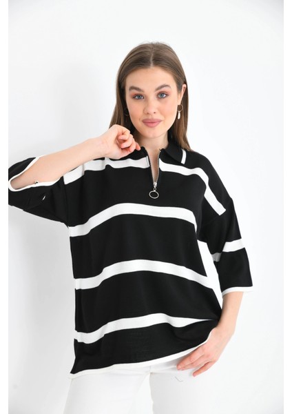 Polo Yaka Fermuarlı Çizgili Salaş Mevsimlik Trko Kazak fırsatları