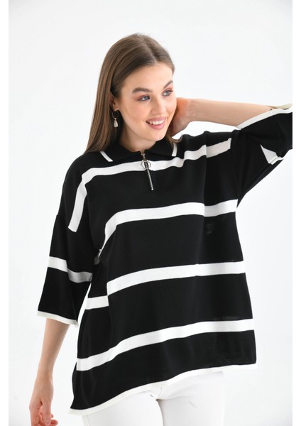 Polo Yaka Fermuarlı Çizgili Salaş Mevsimlik Trko Kazak indirimleri