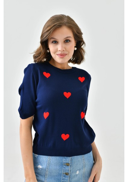 Saks Bisiklet Yaka Kalp Desenli Mevsimlik Triko Kazak