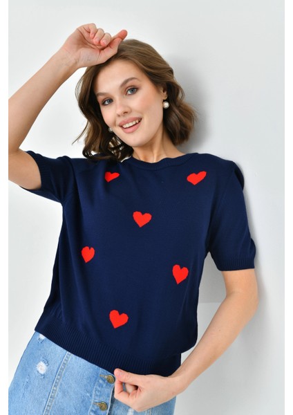 Saks Bisiklet Yaka Kalp Desenli Mevsimlik Triko Kazak fiyatları