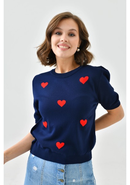 Saks Bisiklet Yaka Kalp Desenli Mevsimlik Triko Kazak modelleri