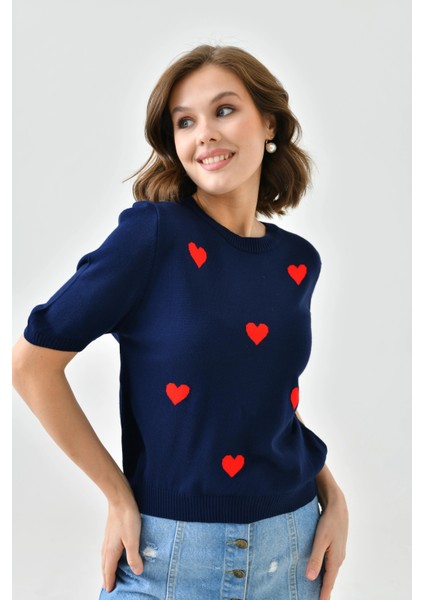 Saks Bisiklet Yaka Kalp Desenli Mevsimlik Triko Kazak fırsatları