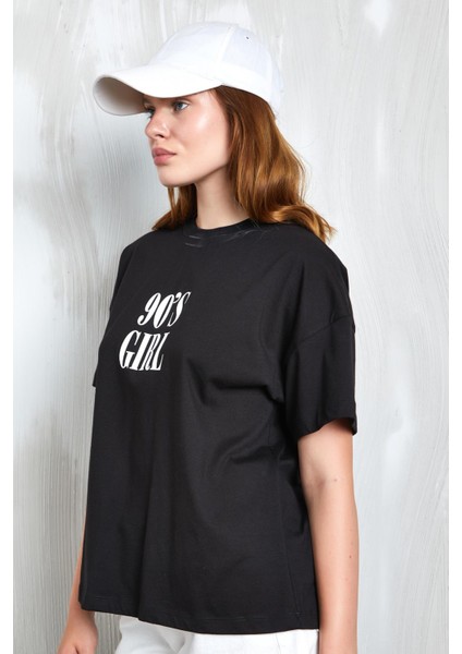 Siyah Baskılı Oversize T-Shirt 27336