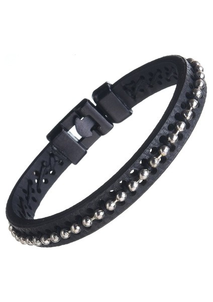 Tarz Boncuklu Siyah Erkek Deri Bileklik