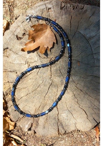 Lapis Lazuli Doğal Taşı Erkek Uzun Kolye (51 Cm) -Lapis Lazuli Hematit Güç ve Denge Kolyesi