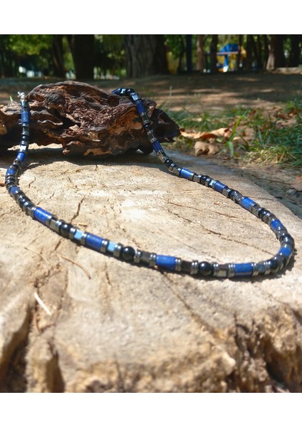 Lapis Lazuli Doğal Taşı Erkek Uzun Kolye (51 Cm) -Lapis Lazuli Hematit Güç ve Denge Kolyesi