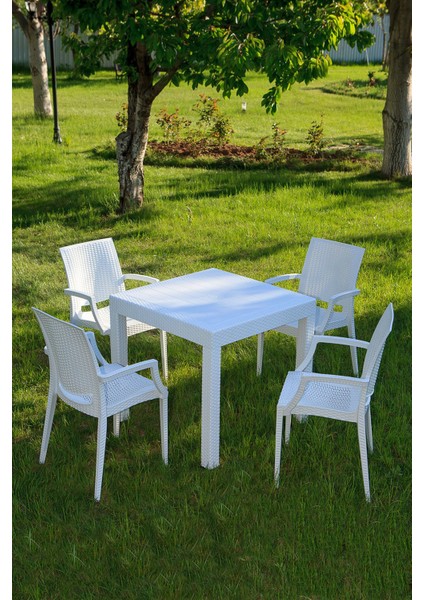 80 x 80 Rattan Beyaz Kollu 4 Sandalye Masa Takımı - Bahçe&balkon&teras Beyaz 4 Plastik Masa Seti