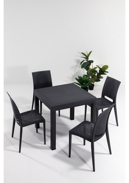 80 x 80 Rattan 80X80 Bahçe&balkon&teras Masa Seti - Antrasit 4 Plastik Masa Seti Gri